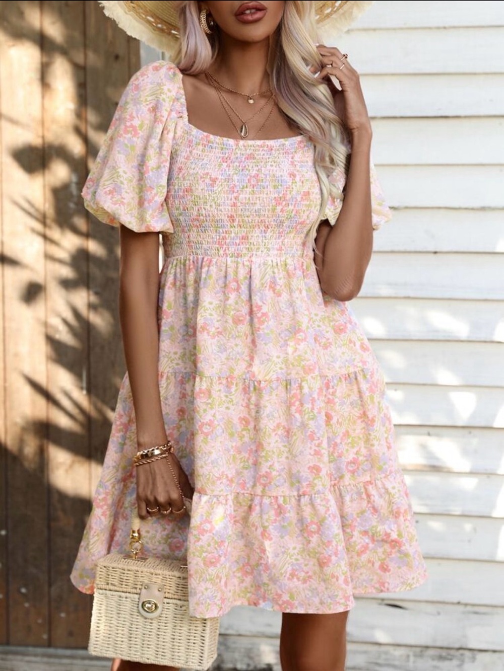 Floral Smocked Puff-Sleeve Dress in Pastel Pink and Blue